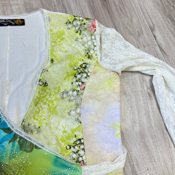 VTG Des Filles à la Vanille Paris Wrap Lace Top Blue Green Floral Sheer Y2K Boho - Picture 11 of 13